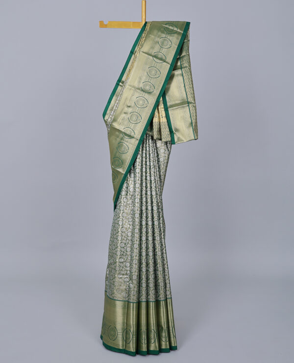 Green Jacquard Saree with Contrast Zari Border and Intricate Pallu