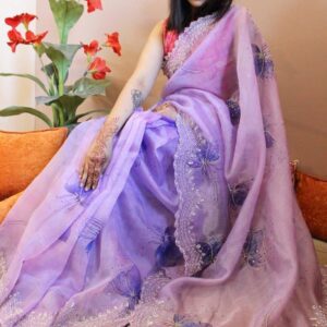 Lavender Chanderi Khadi Organza Silk Saree with Handworked Cutwork Border