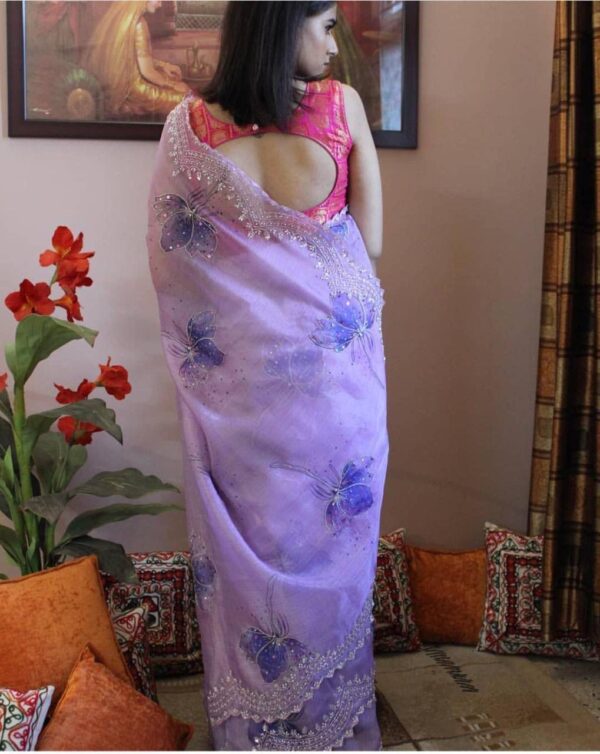 Lavender Chanderi Khadi Organza Silk Saree with Handworked Cutwork Border - Image 2