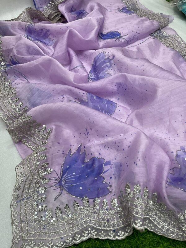 Lavender Chanderi Khadi Organza Silk Saree with Handworked Cutwork Border - Image 3