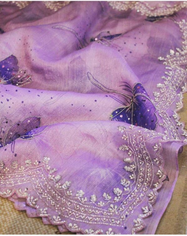 Lavender Chanderi Khadi Organza Silk Saree with Handworked Cutwork Border - Image 4