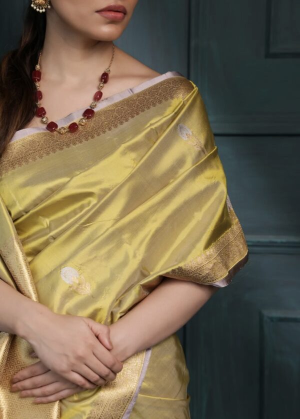 Lime Green Banarasi Silk Saree with Gold Zari Work - Image 5