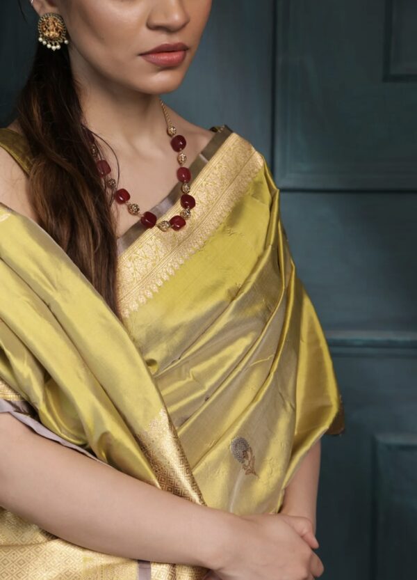 Lime Green Banarasi Silk Saree with Gold Zari Work - Image 6