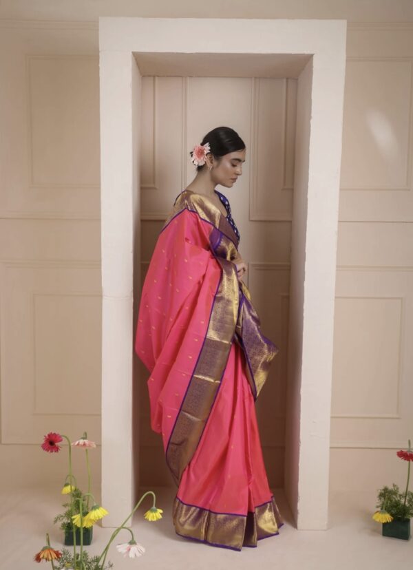 Punch Pink Kanjivaram Silk Saree with Zari Border - Image 5