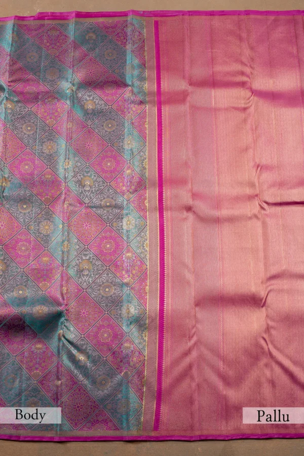 Purple & Blue Kanchipuram Tissue Saree with Zari Woven Design - Image 3